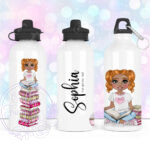 personalised young girl book lover reader in pink 600ml water bottle