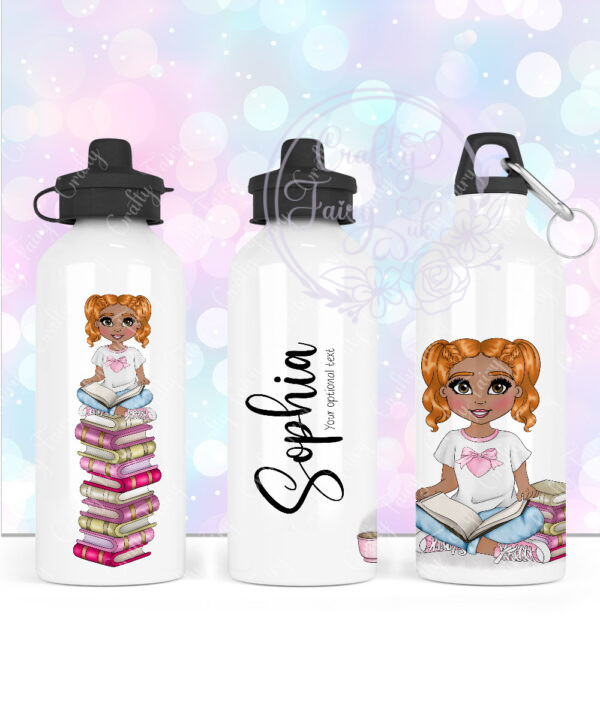 personalised young girl book lover reader in pink 600ml water bottle
