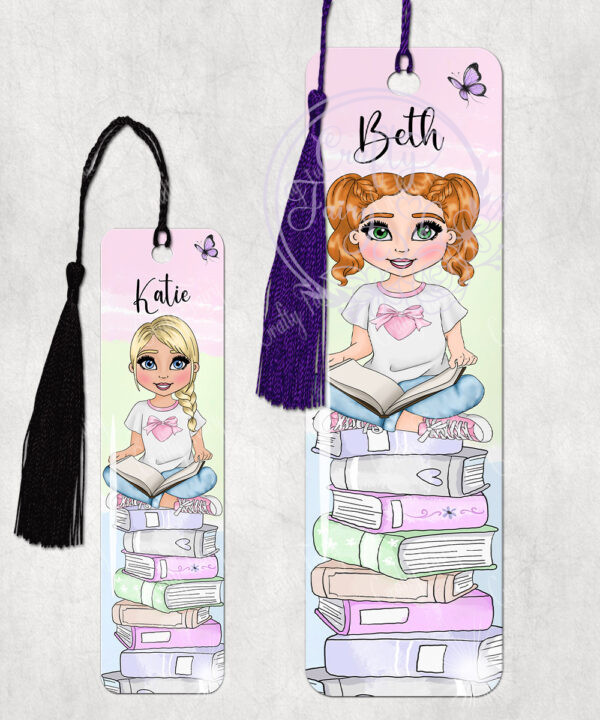 personalised young girl reader and pastel books metal bookmark