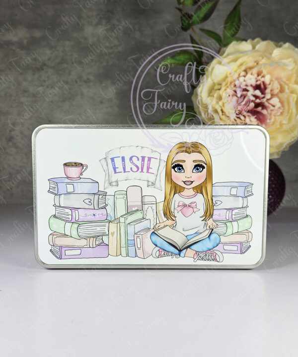 personalised young girl reader and pastel books medium rectangular tin