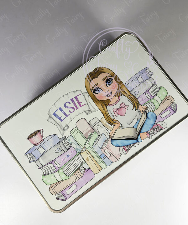 personalised young girl reader and pastel books medium rectangular tin