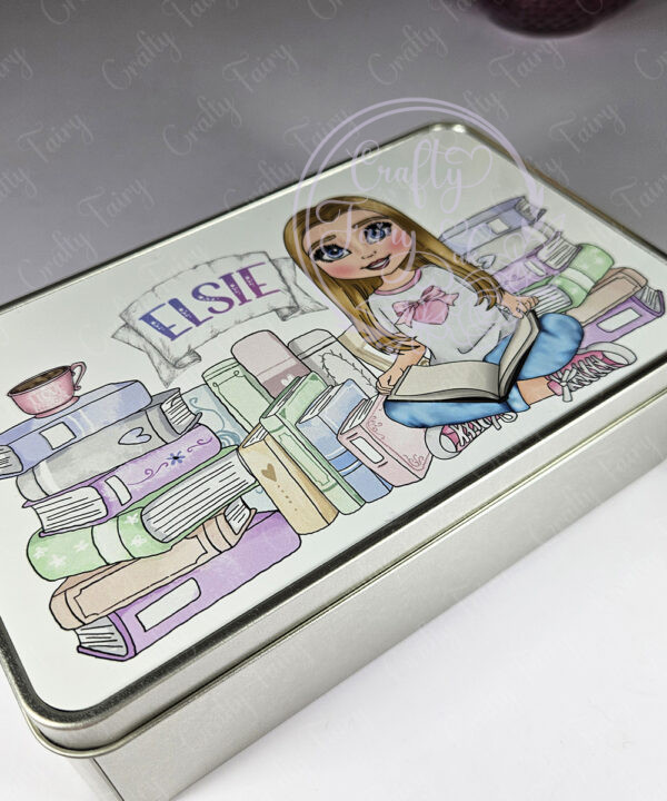 personalised young girl reader and pastel books medium rectangular tin