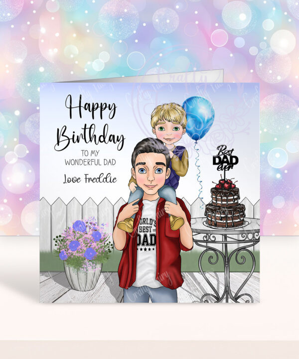 personalised dad with son on shoulders birthday or father's day card