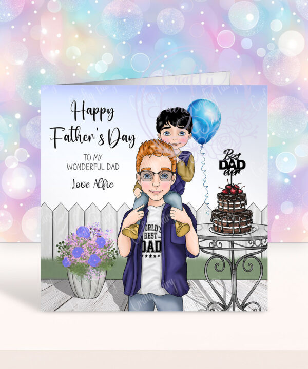personalised dad with son on shoulders birthday or father's day card