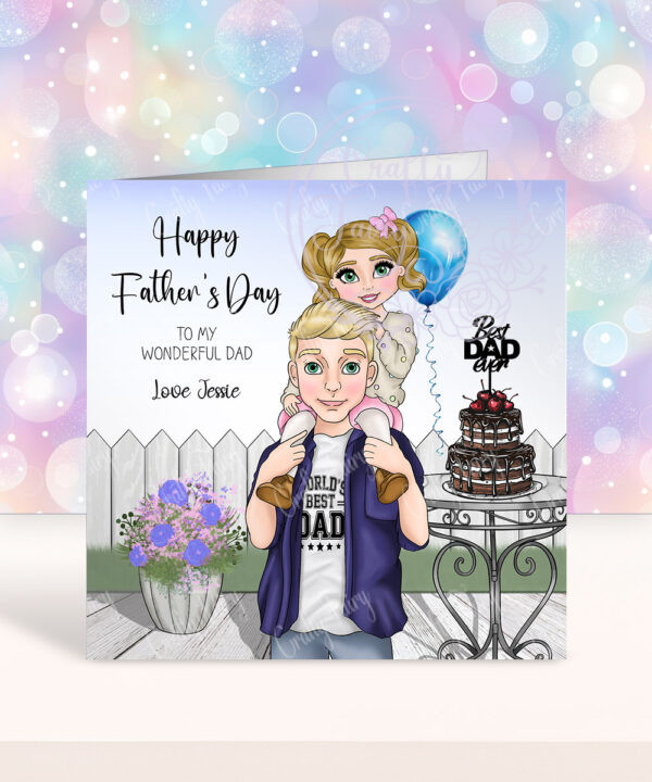 personalised dad with daughter on shoulders birthday or father's day card