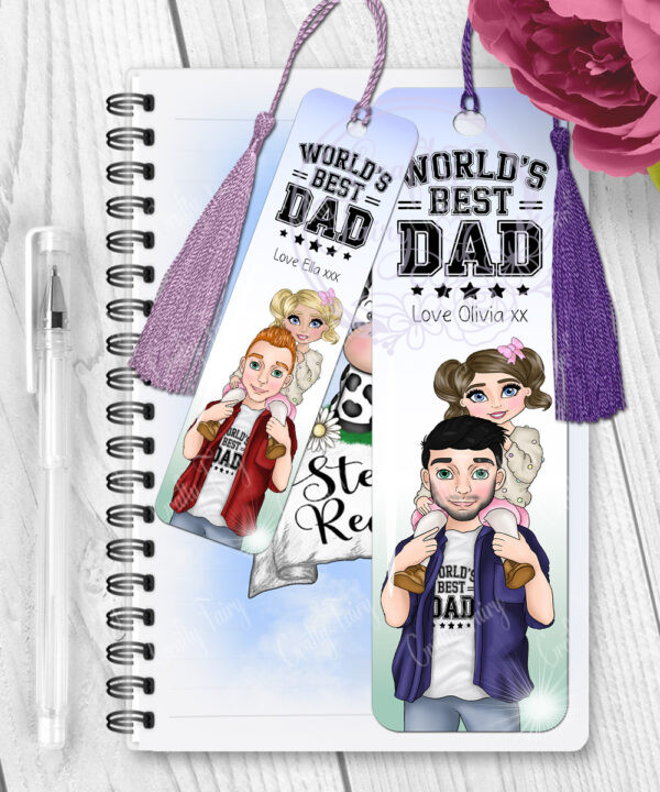 personalised dad with daughter on shoulders metal bookmark