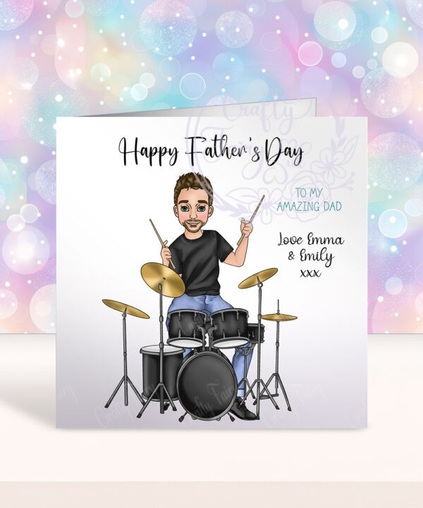 personalised male drummer birthday card or father's day card