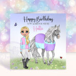 personalised horse jockey girl birthday card