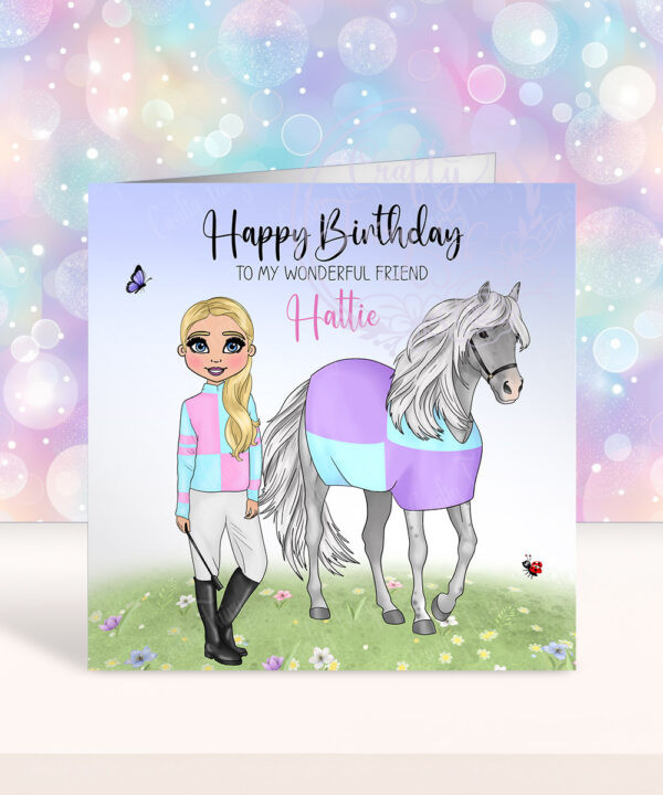 personalised horse jockey girl birthday card