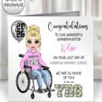 personalised congratulations last day of school leavers girl in wheelchair card