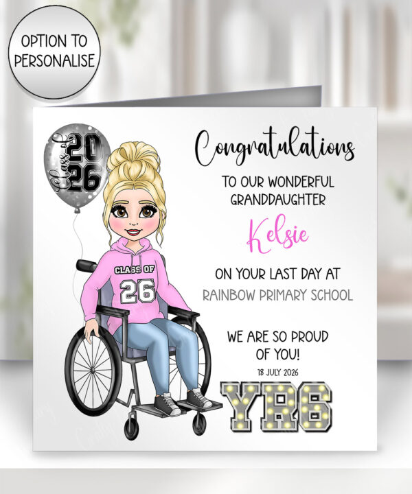 personalised congratulations last day of school leavers girl in wheelchair card