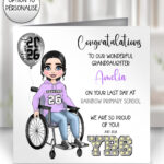personalised congratulations last day of school leavers girl in wheelchair card