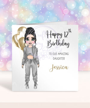 personalised trendy pink black or grey tracksuit teen girl birthday card