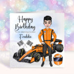 personalised formula 1 orange racing car fan birthday or father's day card