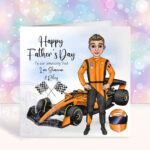 personalised formula 1 orange racing car fan birthday or father's day card
