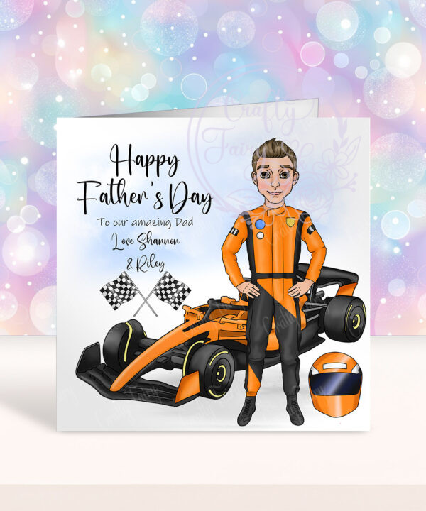 personalised formula 1 orange racing car fan birthday or father's day card