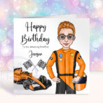 personalised formula 1 orange racing car lover birthday or father's day card