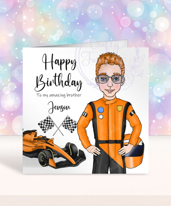 personalised formula 1 orange racing car lover birthday or father's day card
