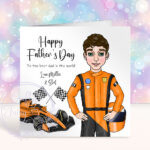 personalised formula 1 orange racing car lover birthday or father's day card