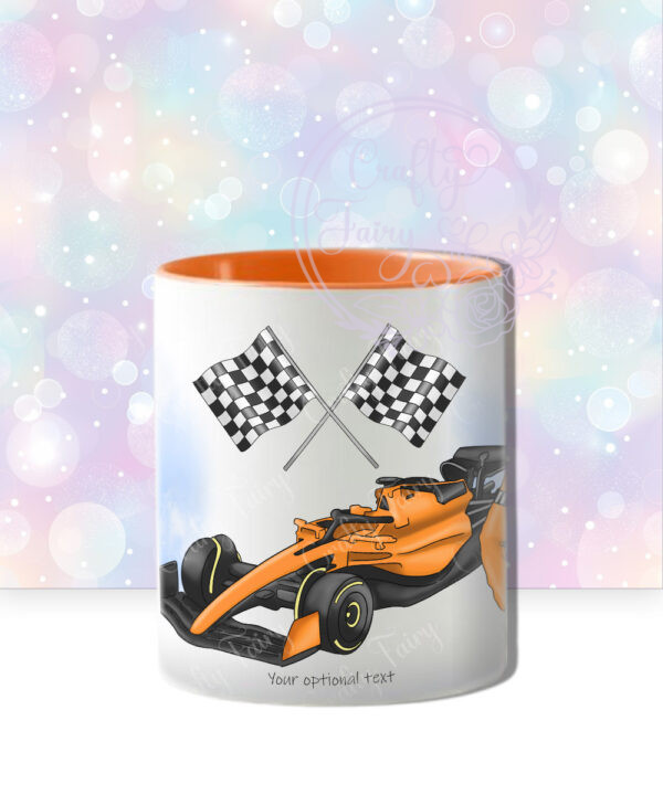 personalised formula 1 orange racing car fan mug