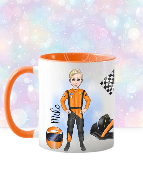 personalised formula 1 orange racing car fan mug