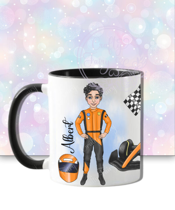 personalised formula 1 orange racing car fan mug