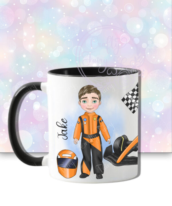 personalised formula 1 orange racing car fan mug for young boy