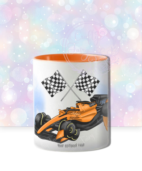 personalised formula 1 orange racing car fan mug for young boy