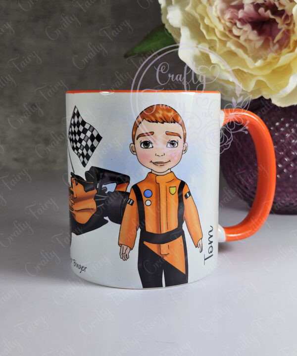 personalised formula 1 orange racing car fan mug for young boy