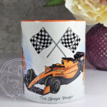 personalised formula 1 orange racing car fan mug for young boy