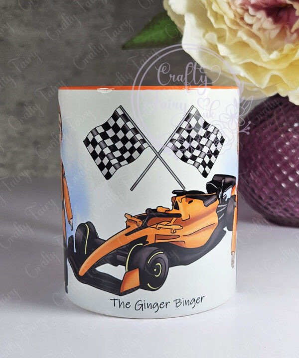 personalised formula 1 orange racing car fan mug for young boy