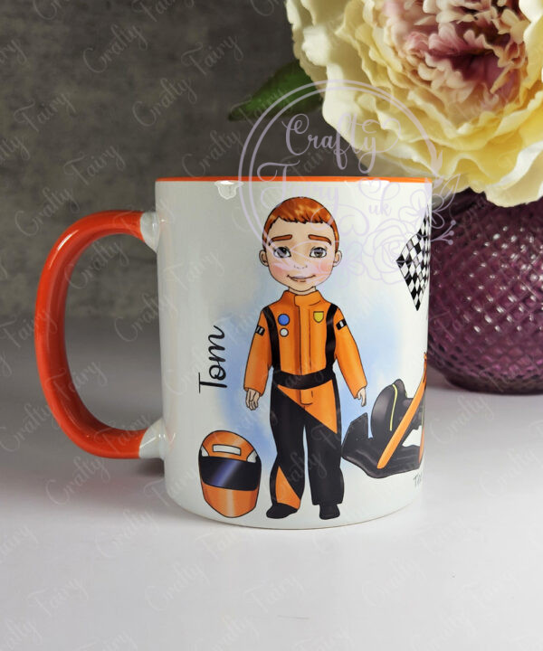personalised formula 1 orange racing car fan mug for young boy