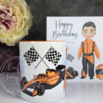 personalised formula 1 orange racing car fan mug for young boy