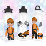 personalised formula 1 orange racing car fan 600ml water bottle for young boy