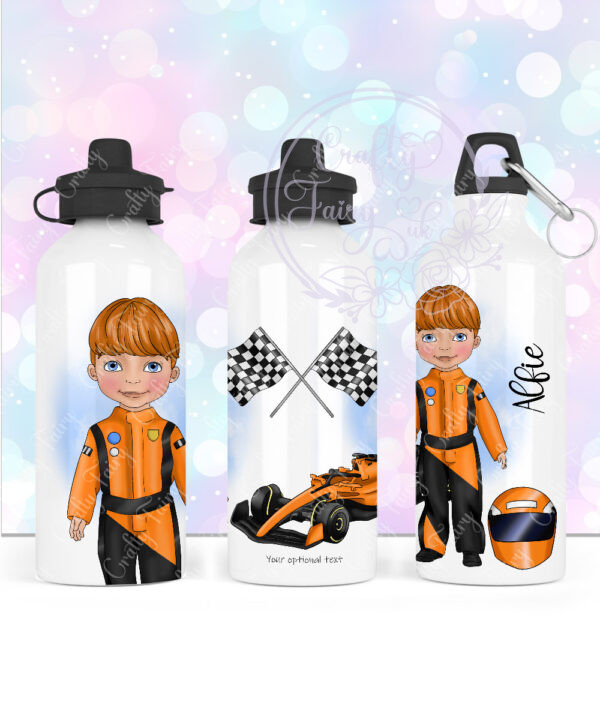 personalised formula 1 orange racing car fan 600ml water bottle for young boy
