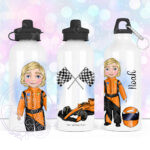 personalised formula 1 orange racing car fan 600ml water bottle for young boy