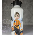 personalised formula 1 orange racing car fan 600ml water bottle for young boy