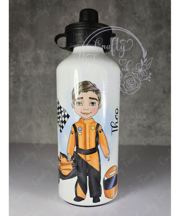 personalised formula 1 orange racing car fan 600ml water bottle for young boy