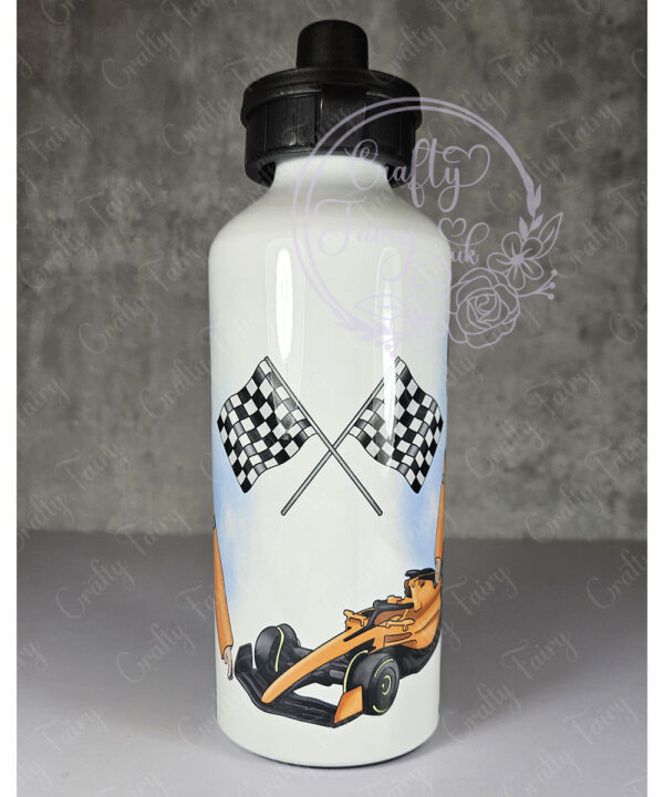 personalised formula 1 orange racing car fan 600ml water bottle for young boy