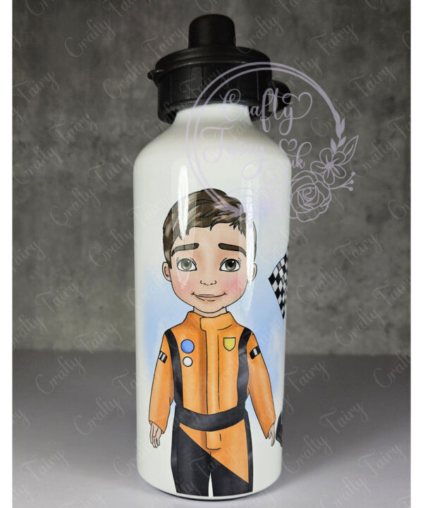 personalised formula 1 orange racing car fan 600ml water bottle for young boy