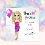 personalised lady in pink/purple ombre party dress birthday card