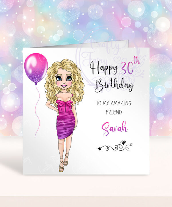 personalised lady in pink/purple ombre party dress birthday card