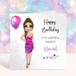 personalised lady in pink/purple ombre party dress birthday card