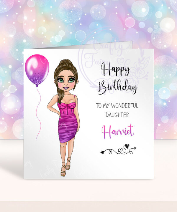 personalised lady in pink/purple ombre party dress birthday card