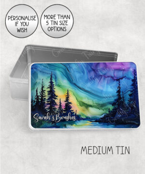 personalised northern lights aurora borealis & trees watercolour medium tin
