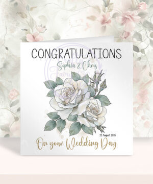 personalised white rose congratulations on your wedding card