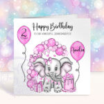 personalised cute elephant & pink balloons girl's 1st 2nd 3rd 4th 5th birthday card