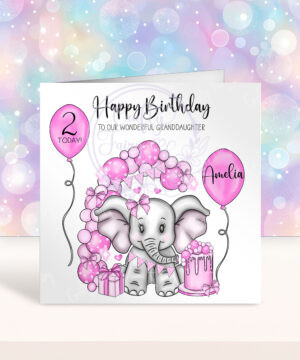 personalised cute elephant & pink balloons girl's 1st 2nd 3rd 4th 5th birthday card