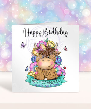 personalised highland cow with bright flowers & banner birthday card