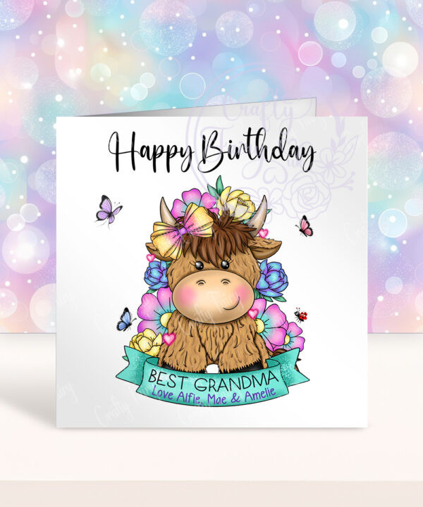 personalised highland cow with bright flowers & banner birthday card